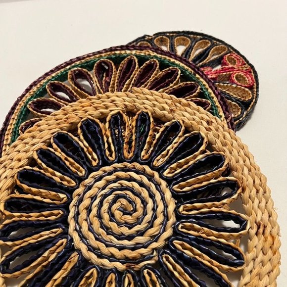 Vintage Wicker Trivets, Set of 3. Brown, red, blue, green round trivets decor - Picture 8 of 10